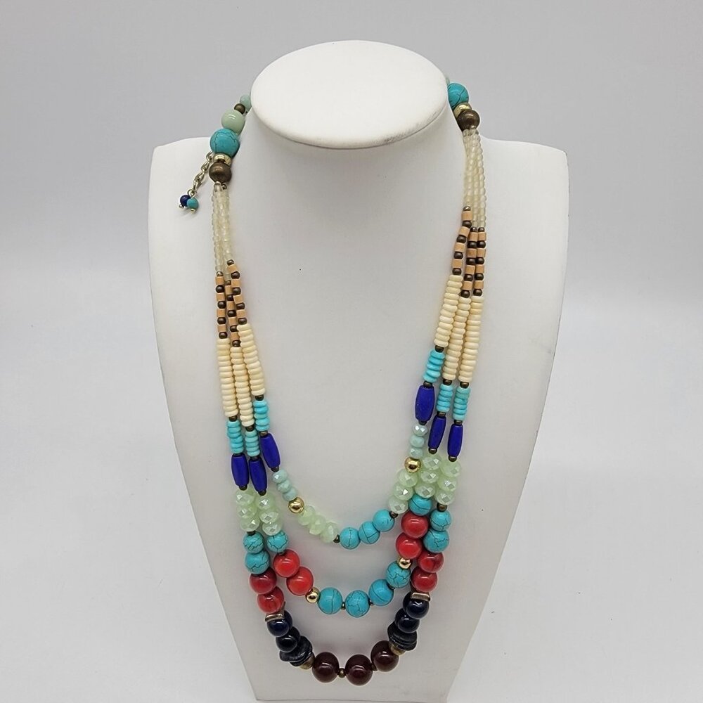 STUNNING MULTI‎ COLORED BEADED NECKLACE 3 Strand Colorful Boho Festival